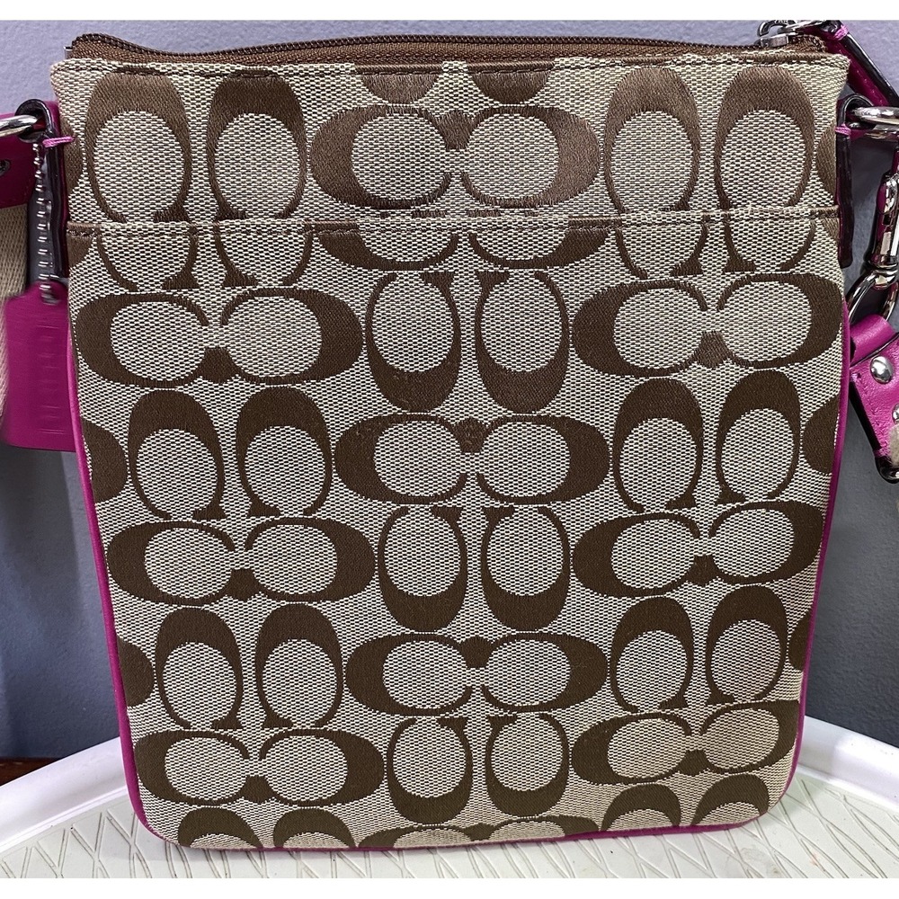Coach Signature Women's Stripe Shoulder Bag Crossbody Brown&Hot Pink 8.5x7.5" - Picture 4 of 11